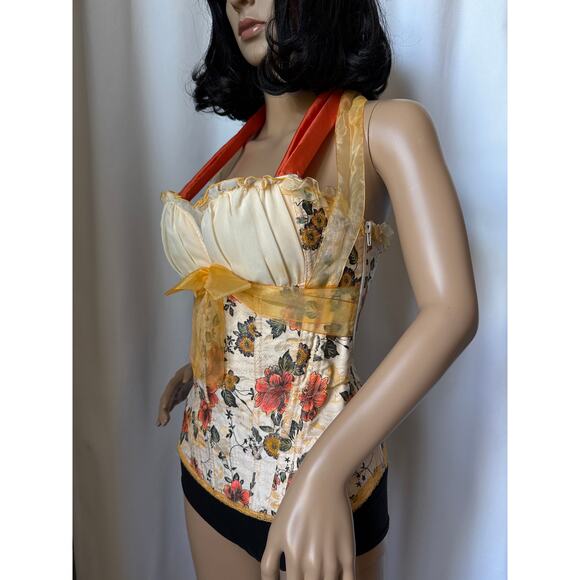 Vintage Handmade Floral Halter Lace-Up Corset Top with Ribbon Ties small - Picture 9 of 16